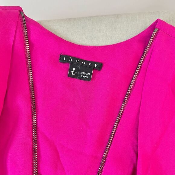 Theory 3/4 sleeve fuchsia hot pink silk zipper neckline blouse size petite - Picture 11 of 14